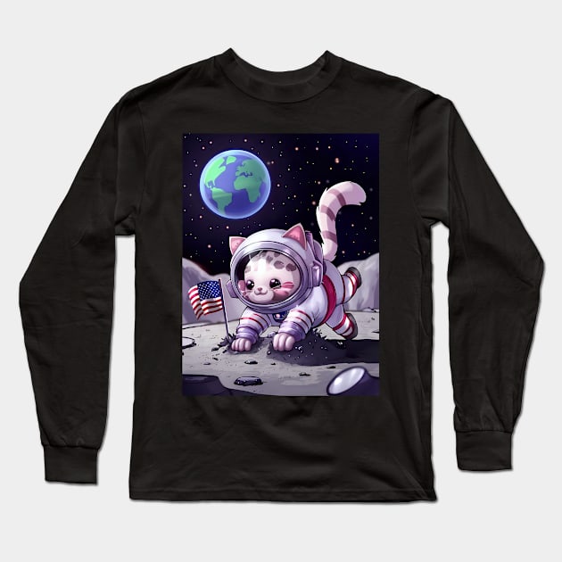 Cute Kawaii cat astronaut on moon Long Sleeve T-Shirt by Spaceboyishere